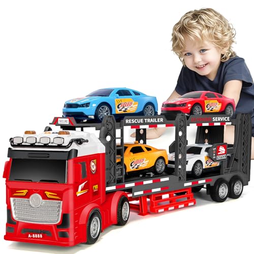 Bstoyder Toddler Boy Toys for 3 4 5 6 7 Years Kids 21 Double Layer Race Truck Toy with 4 Racing Cars Friction Powered Vehical Toys with Lights and Sounds Birthday for Boy GirlsRed - Image 1