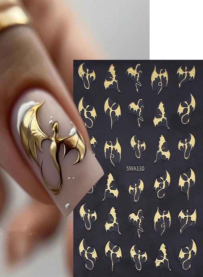 Halloween Nail Art Stickers Gothic Dragon Nail Stickers 6 Sheets 3D Self-Adhesive Nail Design Decals Gold Silver Nail Art Sticker Holiday Nail Art Supplies DIY Manicure Supplies for Women - Image 2