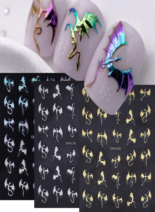 Halloween Nail Art Stickers Gothic Dragon Nail Stickers 6 Sheets 3D Self-Adhesive Nail Design Decals Gold Silver Nail Art Sticker Holiday Nail Art Supplies DIY Manicure Supplies for Women - Image 1