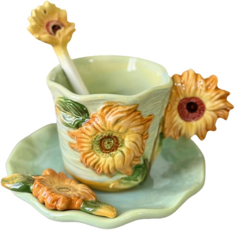 FORLONG Ceramic Van Gogh Coffee Mug and Saucer set with Spoon3D Handmade and Handpainted Tea Mug 6OZSunflower - Image 1