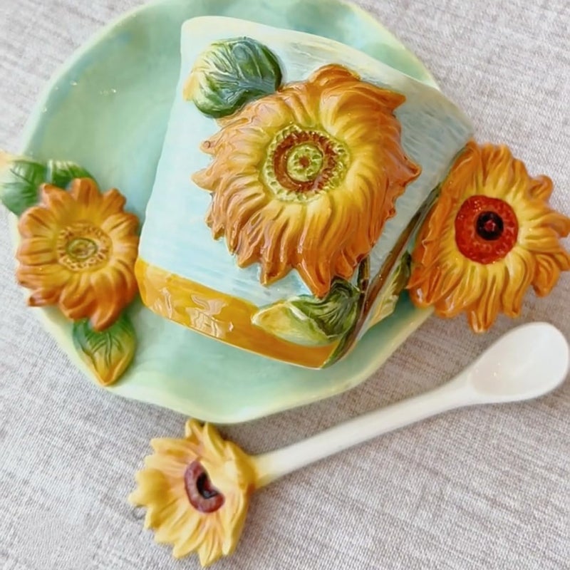 FORLONG Ceramic Van Gogh Coffee Mug and Saucer set with Spoon3D Handmade and Handpainted Tea Mug 6OZSunflower - Image 4