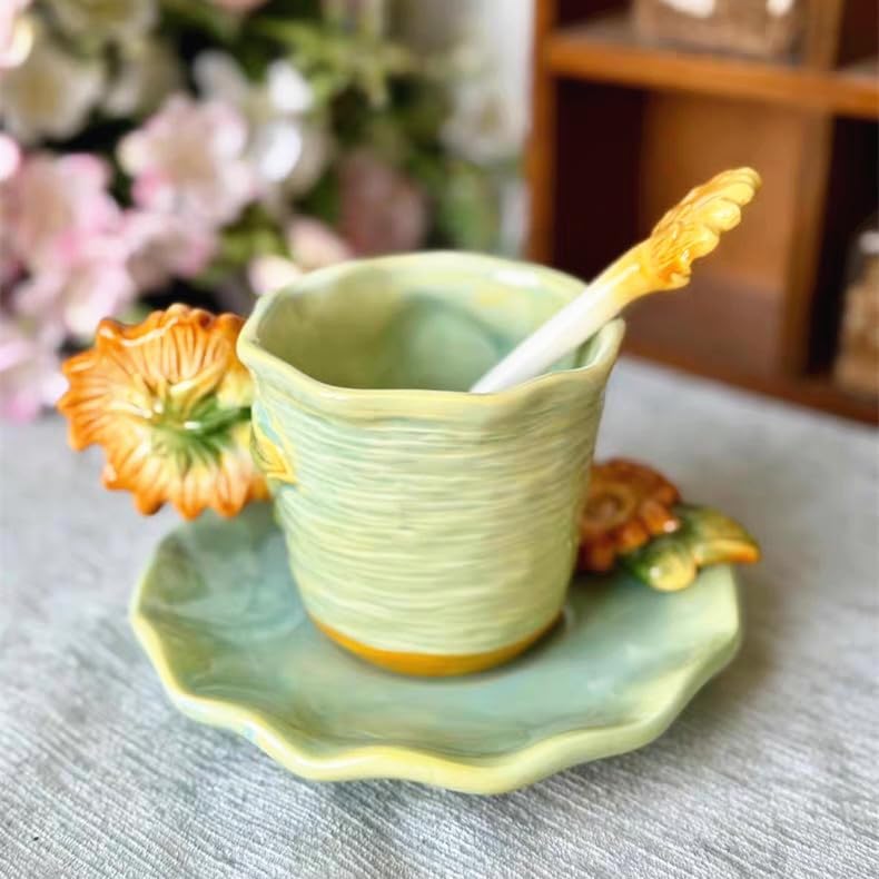 FORLONG Ceramic Van Gogh Coffee Mug and Saucer set with Spoon3D Handmade and Handpainted Tea Mug 6OZSunflower - Image 5