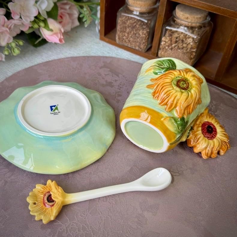 FORLONG Ceramic Van Gogh Coffee Mug and Saucer set with Spoon3D Handmade and Handpainted Tea Mug 6OZSunflower - Image 3