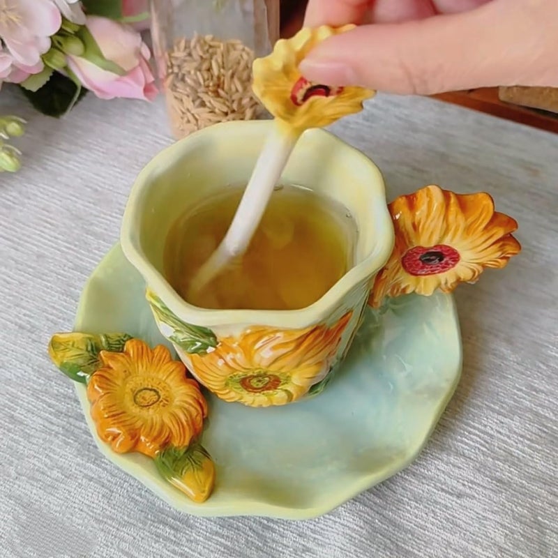FORLONG Ceramic Van Gogh Coffee Mug and Saucer set with Spoon3D Handmade and Handpainted Tea Mug 6OZSunflower - Image 2
