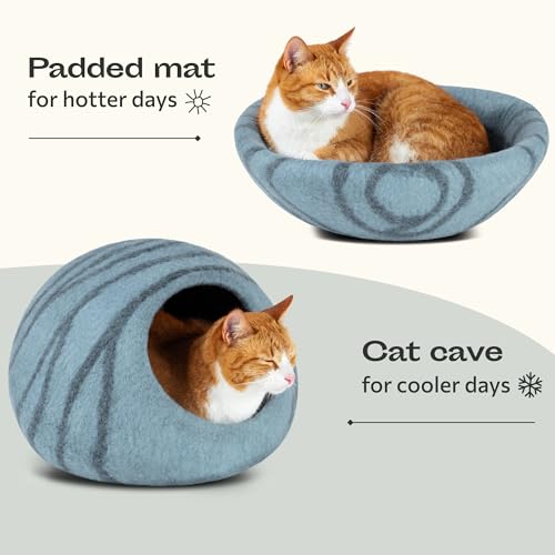MEOWFIA Cat Cave – Premium Felt Cat Bed for Indoor Cats, Handmade 100% Merino Wool (Aquamarine, Large) - Image 4