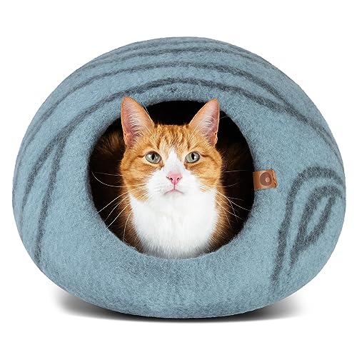 MEOWFIA Cat Cave – Premium Felt Cat Bed for Indoor Cats, Handmade 100% Merino Wool (Aquamarine, Large) - Image 1