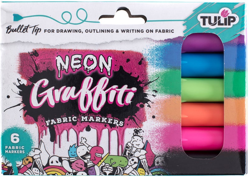 Tulip Graffiti Fabric Markers Bullet Tip 6pk, Neon, Premium Quality Ink, Permanent, Child Safe, for Fabric Painting, Drawing, Coloring, Writing on Clothes - Image 1