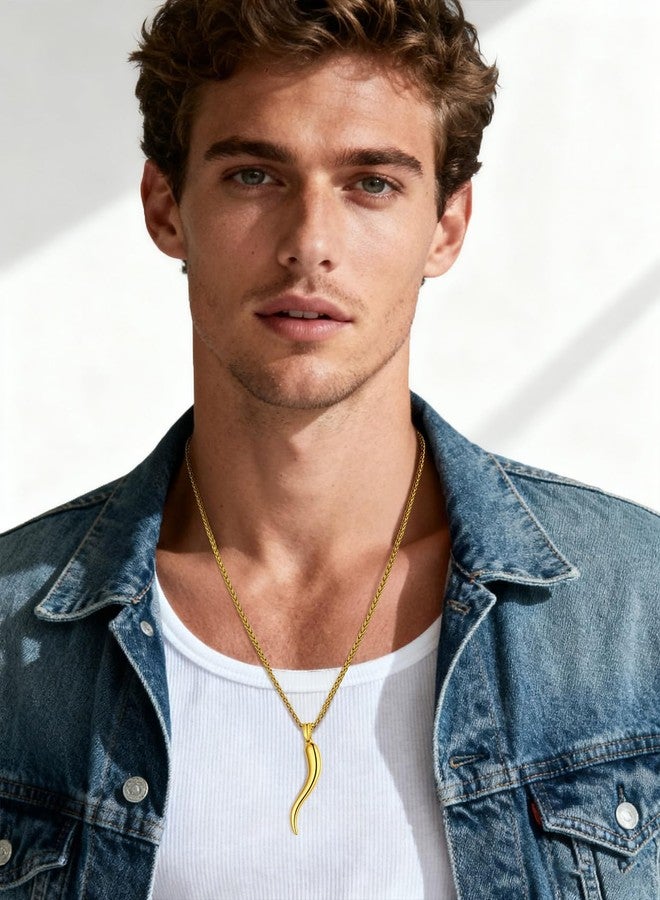 U7 Men's Necklace Yellow Gold Plated Chain with Italian Horn Pendant Lucky Charm - Image 2