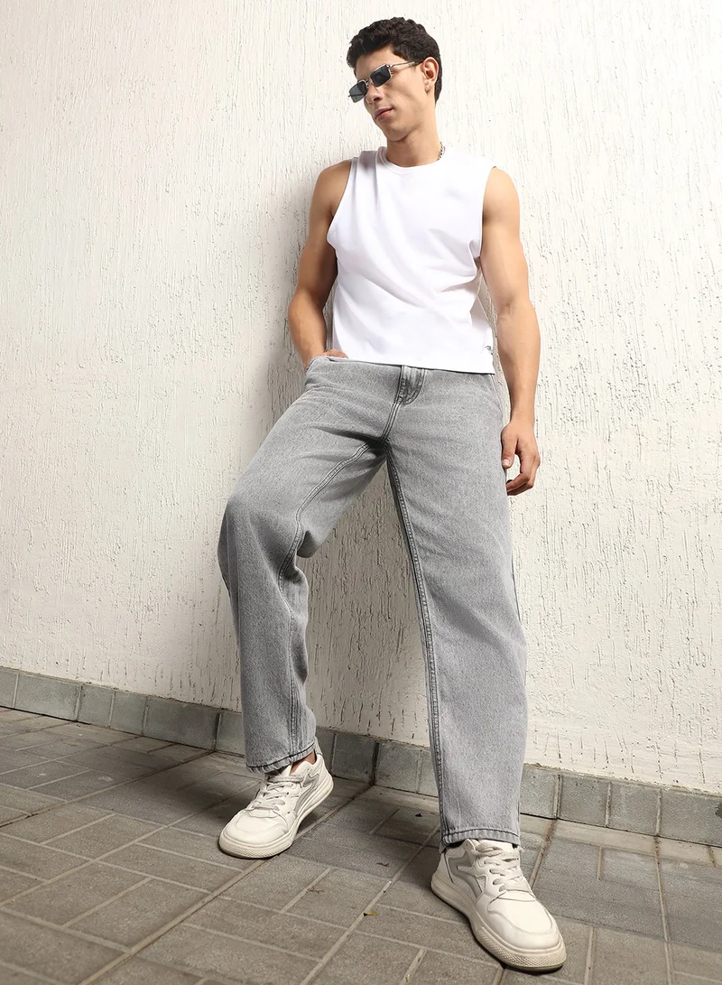 Hubberholme Men's Grey 100% Cotton Bleached Full Length Loose Jeans