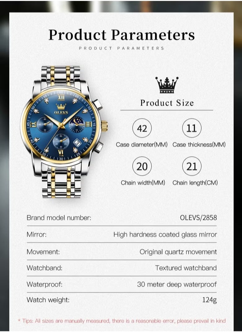 OLEVS - Watches For Men Stainless Steel Quartz Water Resistant Watch 2858 - Image 1