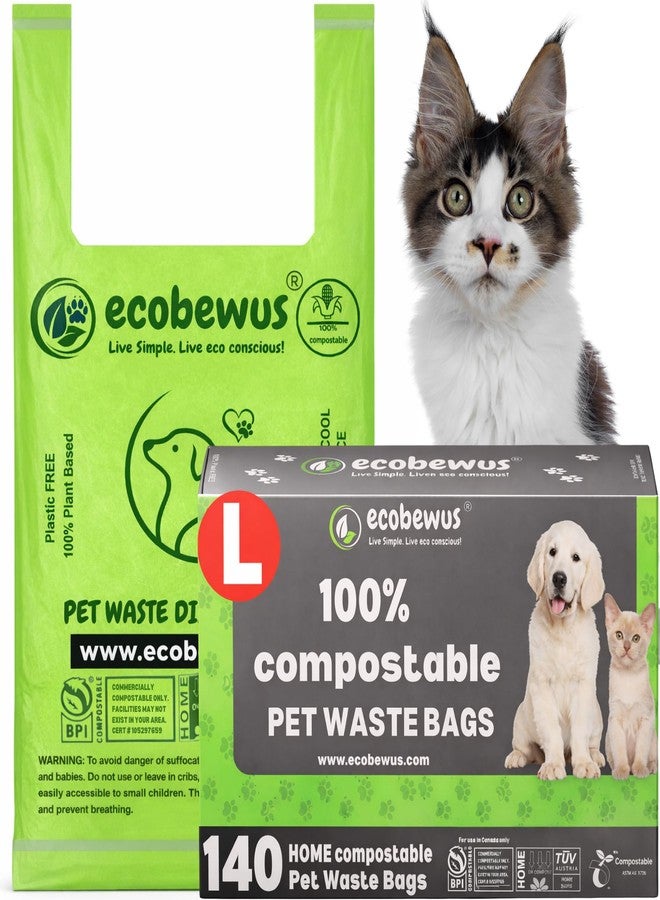 ECOBEWUS 100% Compostable Pet Waste Disposal Bag (140 ct.) Plant-Based Biodegradable Cat Litter Poop Waste Pick-Up Bags with Handles Dog poop Bags Disposable Compost Food Scrap Liners (140 ct.) - Image 1