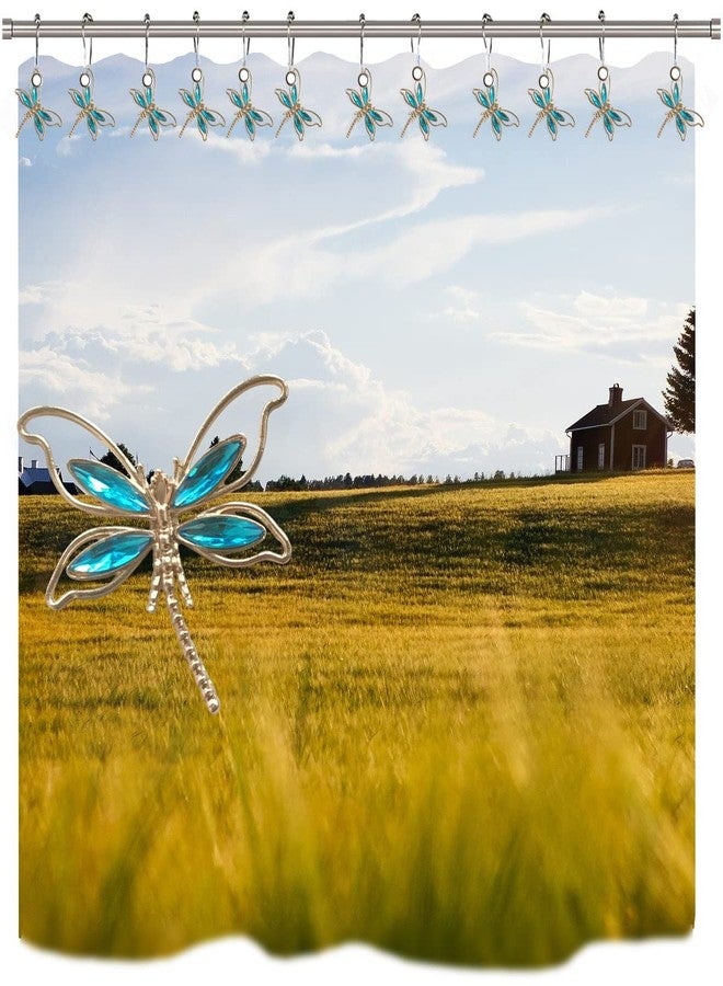 Aimoye Crystal Dragonfly Shower Curtain Hooks - Brushed Nickel Rings with Rhinestones Dragonfly Pendant,Rust Proof Silver Metal Curtain Hangers (Lagoon Blue) - Image 2