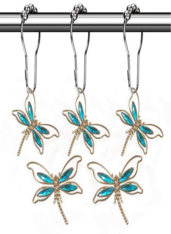 Aimoye Crystal Dragonfly Shower Curtain Hooks - Brushed Nickel Rings with Rhinestones Dragonfly Pendant,Rust Proof Silver Metal Curtain Hangers (Lagoon Blue) - Image 1