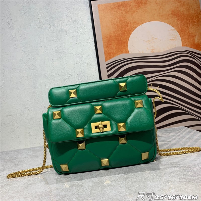 European Fashion Nappa Leather Womens Chain Rivet Shoulder Bag Dark green 