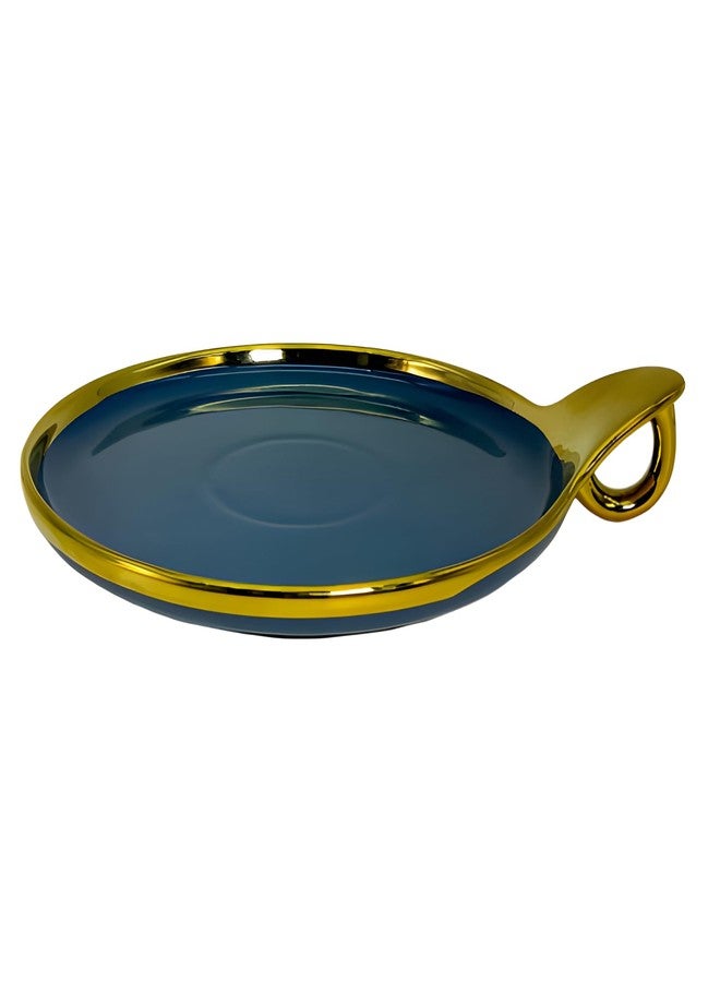 Lemon Tree Ceramic Round Serving Platter with Golden Rim & Hook Shape Handle | Ideal for Serving Snacks, Desserts, Fruits & Salads (Blue) - Image 3