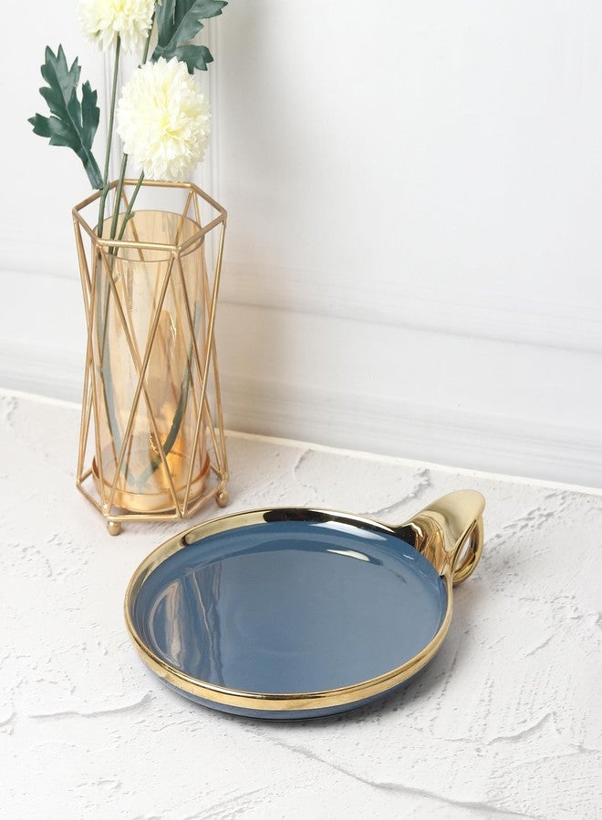 Lemon Tree Ceramic Round Serving Platter with Golden Rim & Hook Shape Handle | Ideal for Serving Snacks, Desserts, Fruits & Salads (Blue) - Image 2