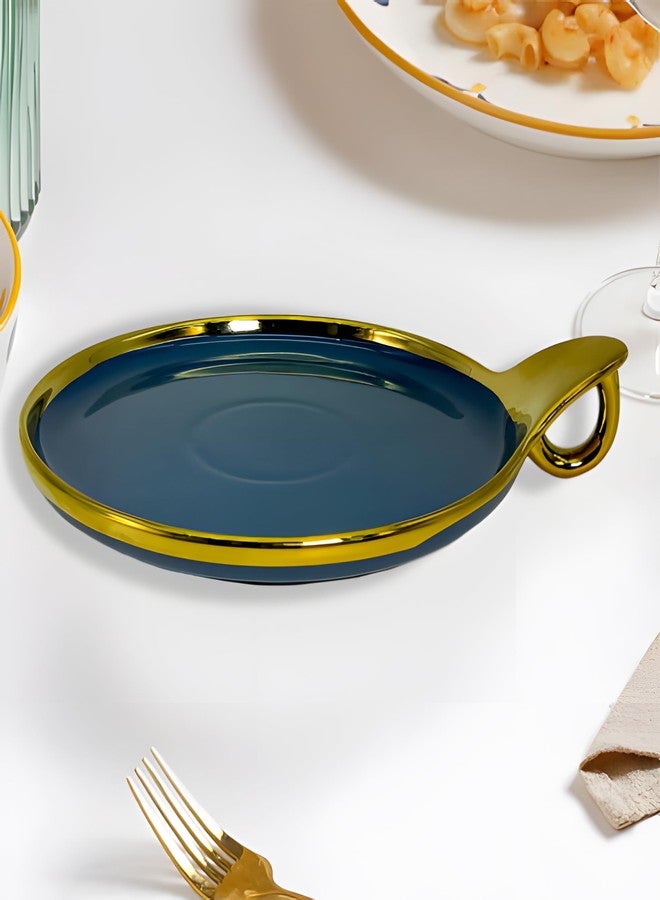 Lemon Tree Ceramic Round Serving Platter with Golden Rim & Hook Shape Handle | Ideal for Serving Snacks, Desserts, Fruits & Salads (Blue) - Image 1