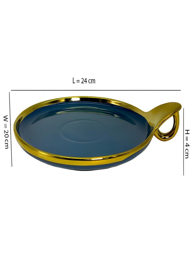 Lemon Tree Ceramic Round Serving Platter with Golden Rim & Hook Shape Handle | Ideal for Serving Snacks, Desserts, Fruits & Salads (Blue) - Image 4