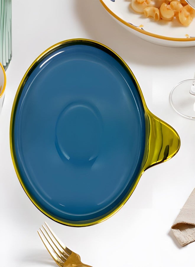 Lemon Tree Ceramic Round Serving Platter with Golden Rim & Hook Shape Handle | Ideal for Serving Snacks, Desserts, Fruits & Salads (Blue) - Image 5