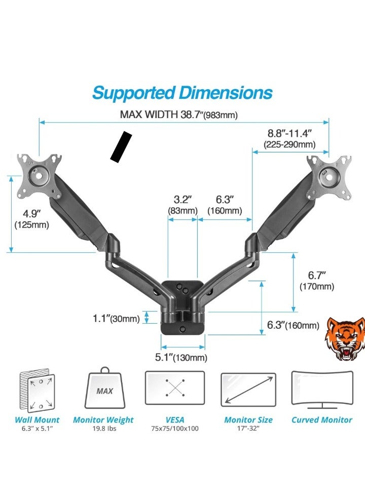 TIGER "Dual Monitor Wall Mount for 17''-32'' Screens, Full Motion Adjustable Arms with Swivel, Tilt, and Rotation, Supports Flat/Curved Monitors Up to 19.8 lbs Each, VESA Compatible with Cable Management"  - Image 2