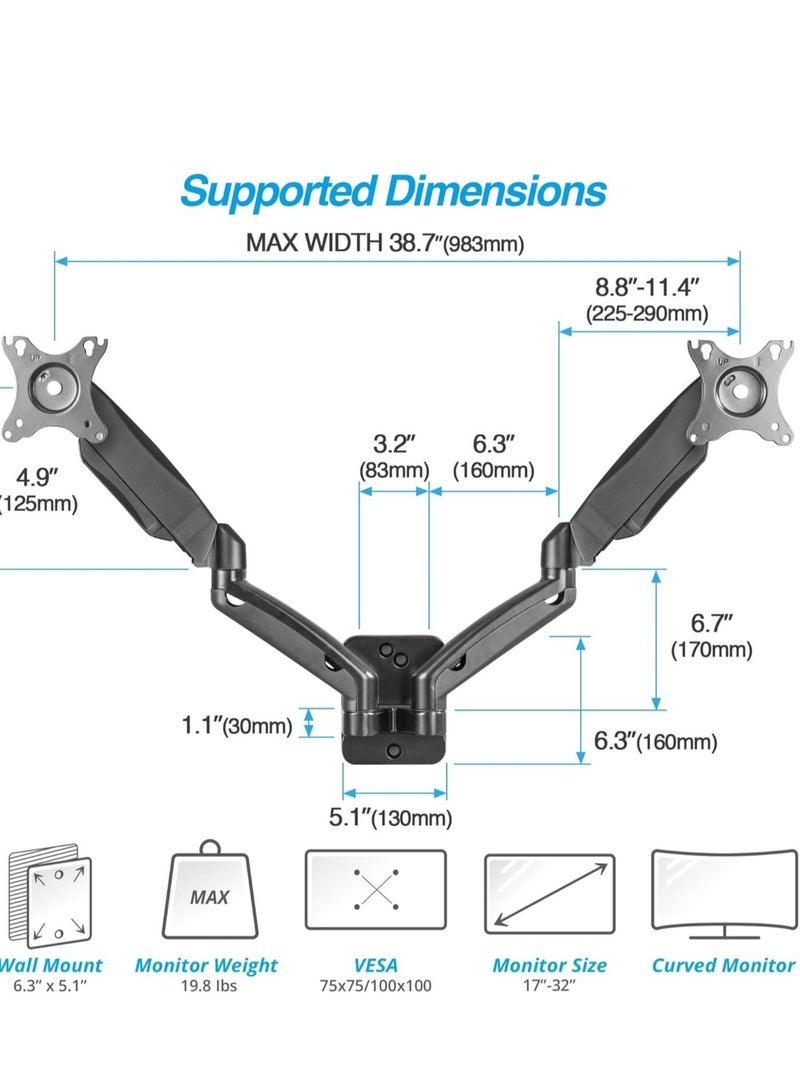 TIGER "Dual Monitor Wall Mount for 17''-32'' Screens, Full Motion Adjustable Arms with Swivel, Tilt, and Rotation, Supports Flat/Curved Monitors Up to 19.8 lbs Each, VESA Compatible with Cable Management"  - Image 4