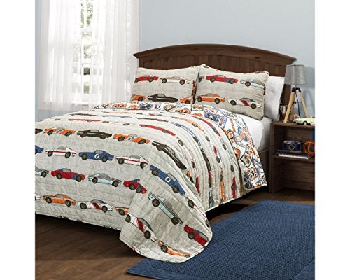 Lush Decor Lush Dcor Lush Decor Beige Race Car Kids 2Piece Quilt Reversible Bedding Set for Boys Twin BlueOrange