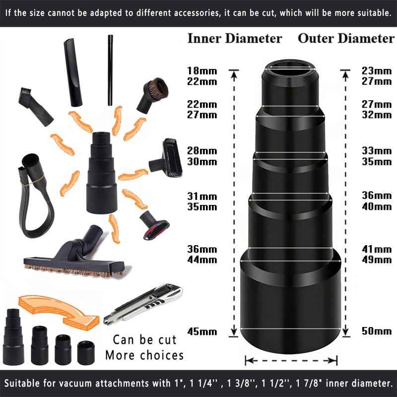 Seovmri 12Pcs Universal Vacuum Attachment Professional Shop Vac Accessories Wet Dry Vacuum Hose Adapter with Hair Brush Extension Wand Flexible Crevice Tool fit 2 1/2" to 1 1/4" and 1 7/8" to 1" Vacuum Hose - Image 2