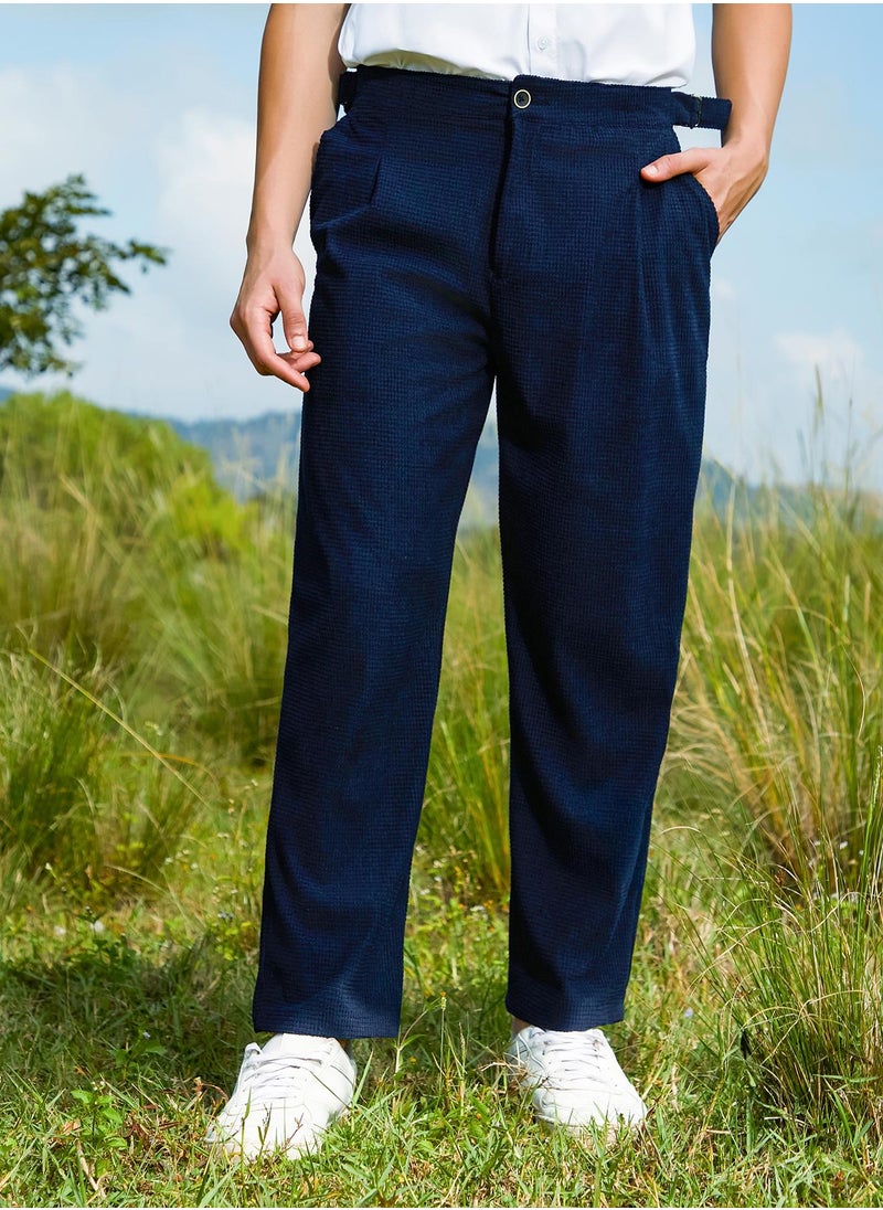 Campus Sutra Men's Navy Blue Tailored Waffle Trousers  - Image 2