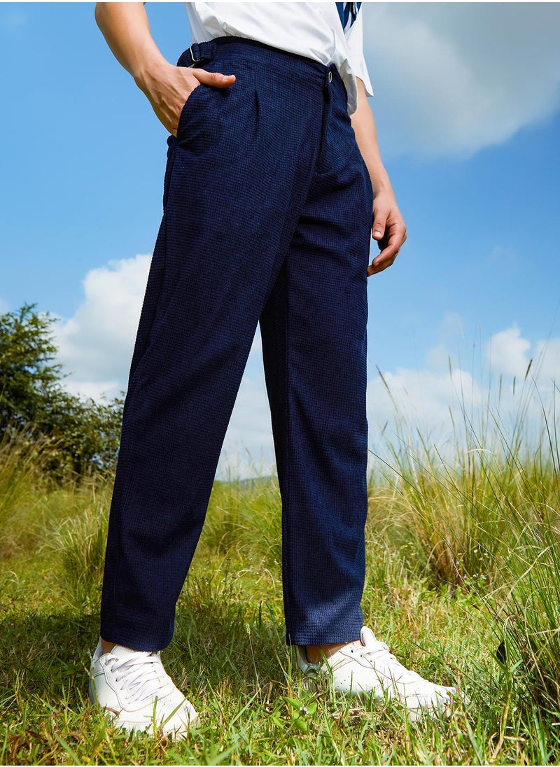 Campus Sutra Men's Navy Blue Tailored Waffle Trousers  - Image 1
