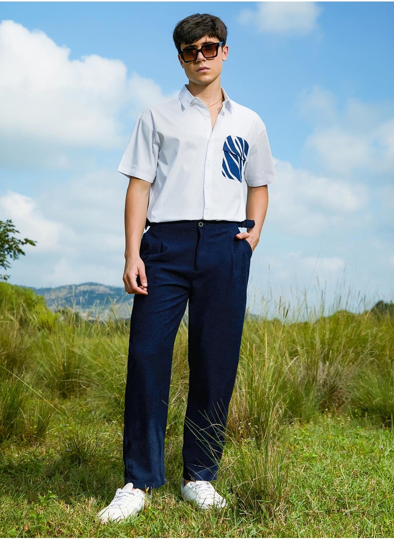 Campus Sutra - Men's Navy Blue Tailored Waffle Trousers - Image 1