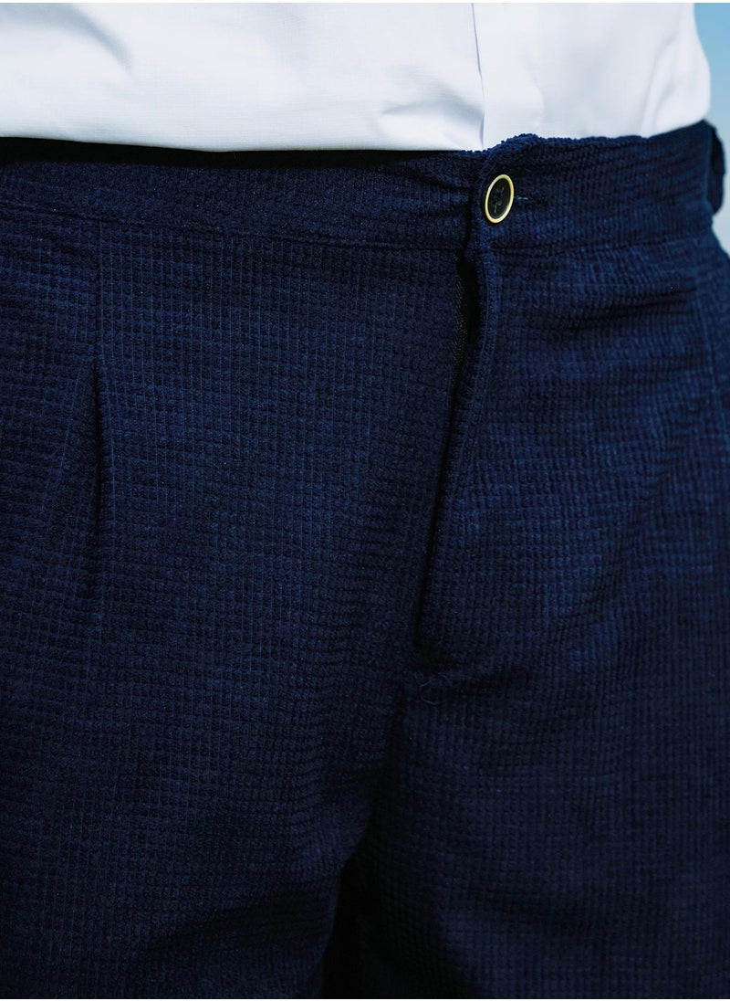 Campus Sutra - Men's Navy Blue Tailored Waffle Trousers - Image 1