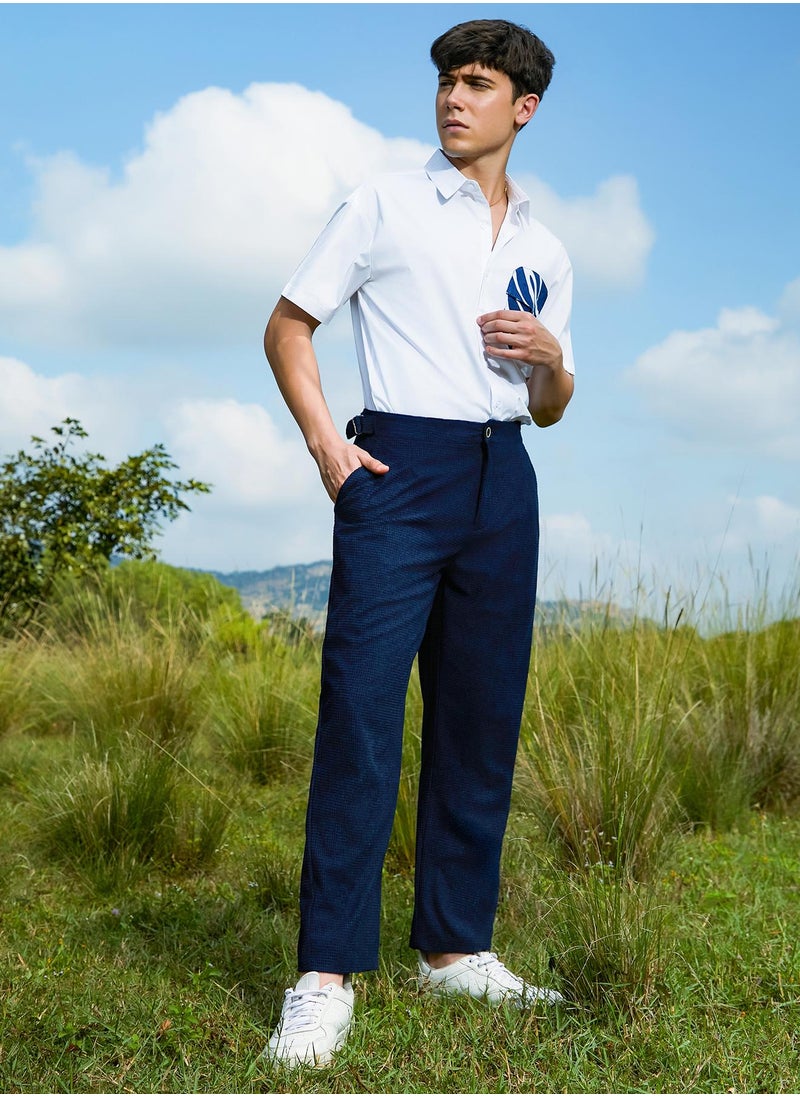 Campus Sutra - Men's Navy Blue Tailored Waffle Trousers - Image 1