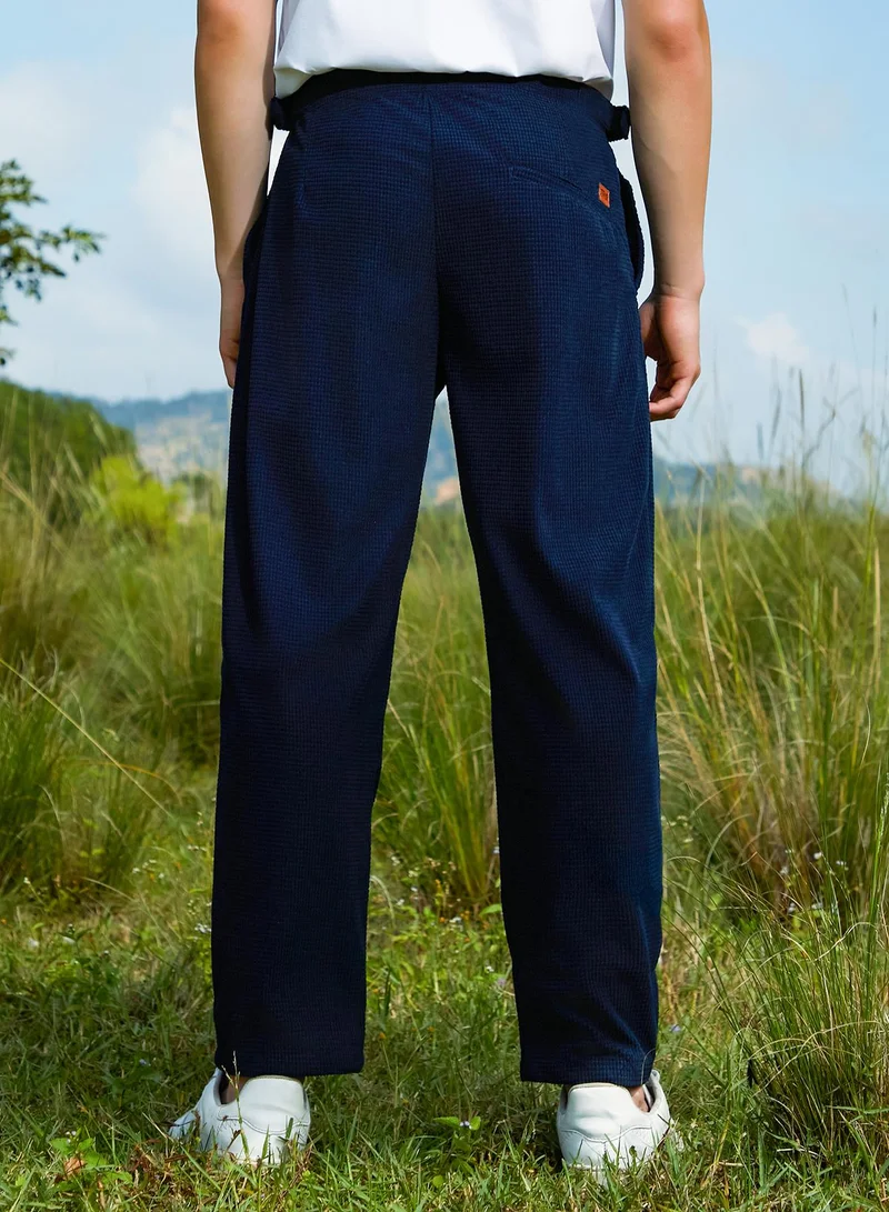 Campus Sutra Men's Navy Blue Tailored Waffle Trousers