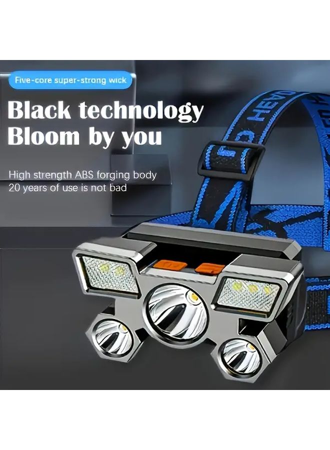 مصباح أمامي LED أزرق بخمسة في واحد قابل لإعادة الشحن عبر USB للإضاءة الأمامية، للاستخدام في الهواء الطلق، ركوب الدراجات، التخييم، وصيد السمك. - Image 4
