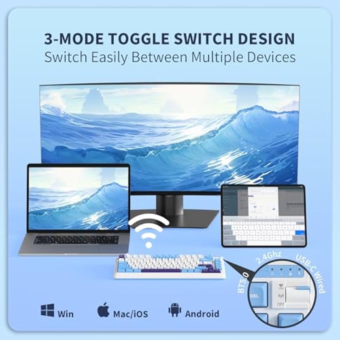 rayihni لوحة مفاتيح ميكانيكية لاسلكية K75 LITE، لوحة مفاتيح للألعاب بنسبة 75% مع تركيب جازكيت RGB مزودة بعجلة تحكم ثلاثية الوضعيات BT 5.0/2.4G/USB-C سلكية، قابلة للتبديل الساخن، مع 5 طبقات من التبطين ومفاتيح خطية كريمية، 82 مفتاح مدمج. - Image 3