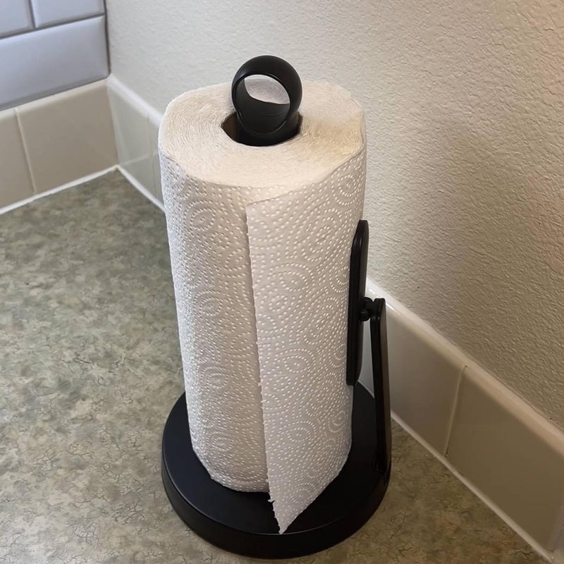 theaoo Heavy-Duty Stainless Steel Paper Towel Holder with Tension Arm â€“ Easy One-Handed Tear, Modern Standing Countertop Dispenser for Kitchen, Holds All Paper Towel Rolls (1, Black) - Image 4