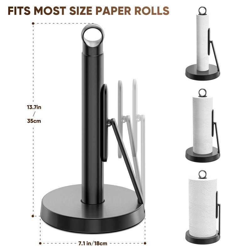 theaoo Heavy-Duty Stainless Steel Paper Towel Holder with Tension Arm â€“ Easy One-Handed Tear, Modern Standing Countertop Dispenser for Kitchen, Holds All Paper Towel Rolls (1, Black) - Image 2