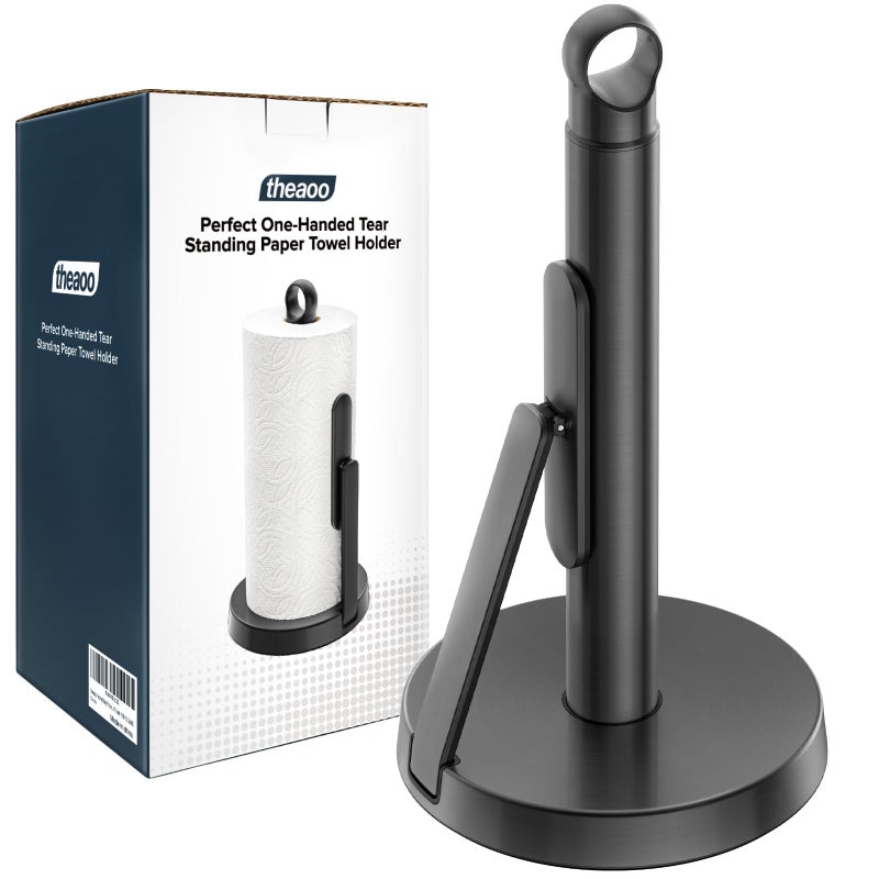 theaoo Heavy-Duty Stainless Steel Paper Towel Holder with Tension Arm â€“ Easy One-Handed Tear, Modern Standing Countertop Dispenser for Kitchen, Holds All Paper Towel Rolls (1, Black) - Image 1