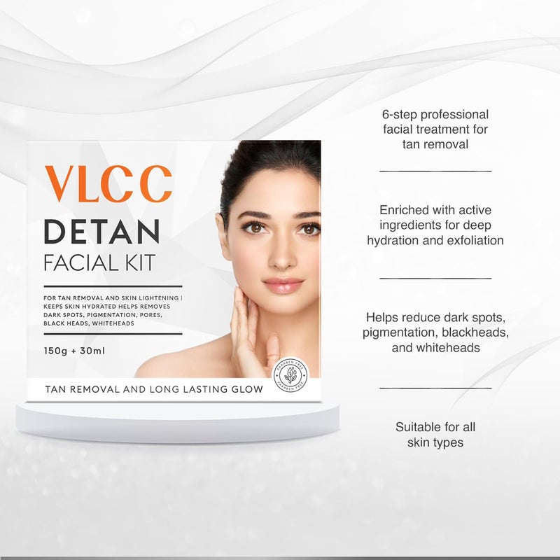 VLCC DeTan Facial Kit 180g 150g30ml For Tan Removal Hydrates Helps Removes Dark Spots Pigmentation Pores Blackheads Whiteheads With SPF 15 Moisturizer - Image 4