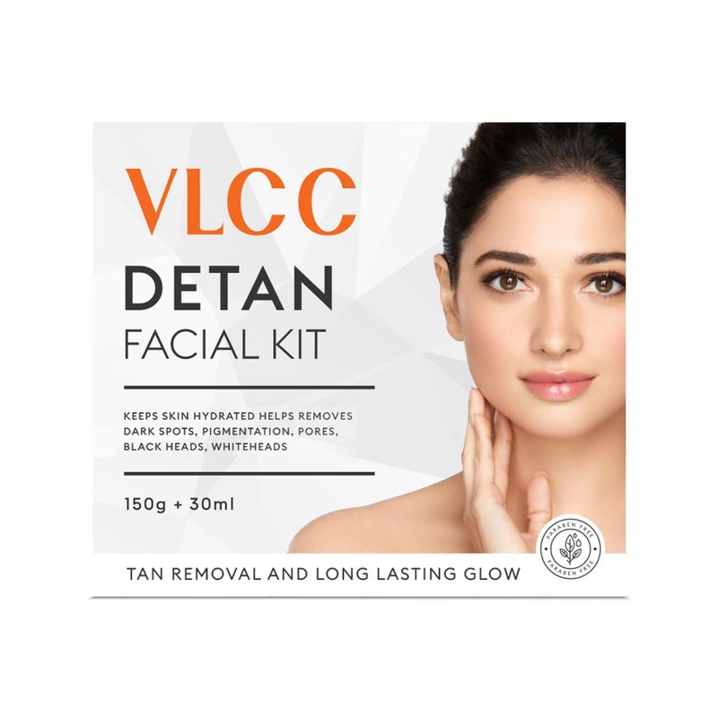 VLCC DeTan Facial Kit 180g 150g30ml For Tan Removal Hydrates Helps Removes Dark Spots Pigmentation Pores Blackheads Whiteheads With SPF 15 Moisturizer - Image 1