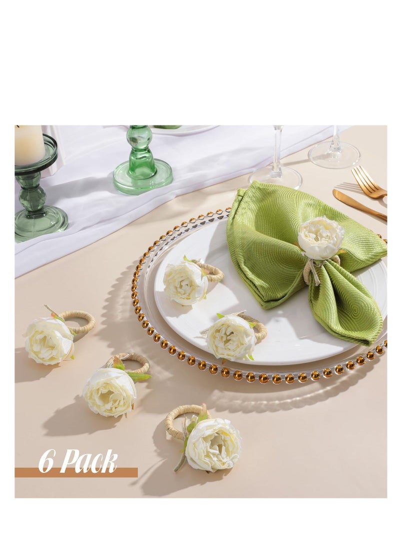 Napkin Rings, Set of 6 White Flower Napkin Holders Dinner Tables Rings, Made of Fabric Flowers and Hemp Rope Construction for Wedding, Party, Christmas, Holiday, Thanksgiving, Cream White Rose - Image 4