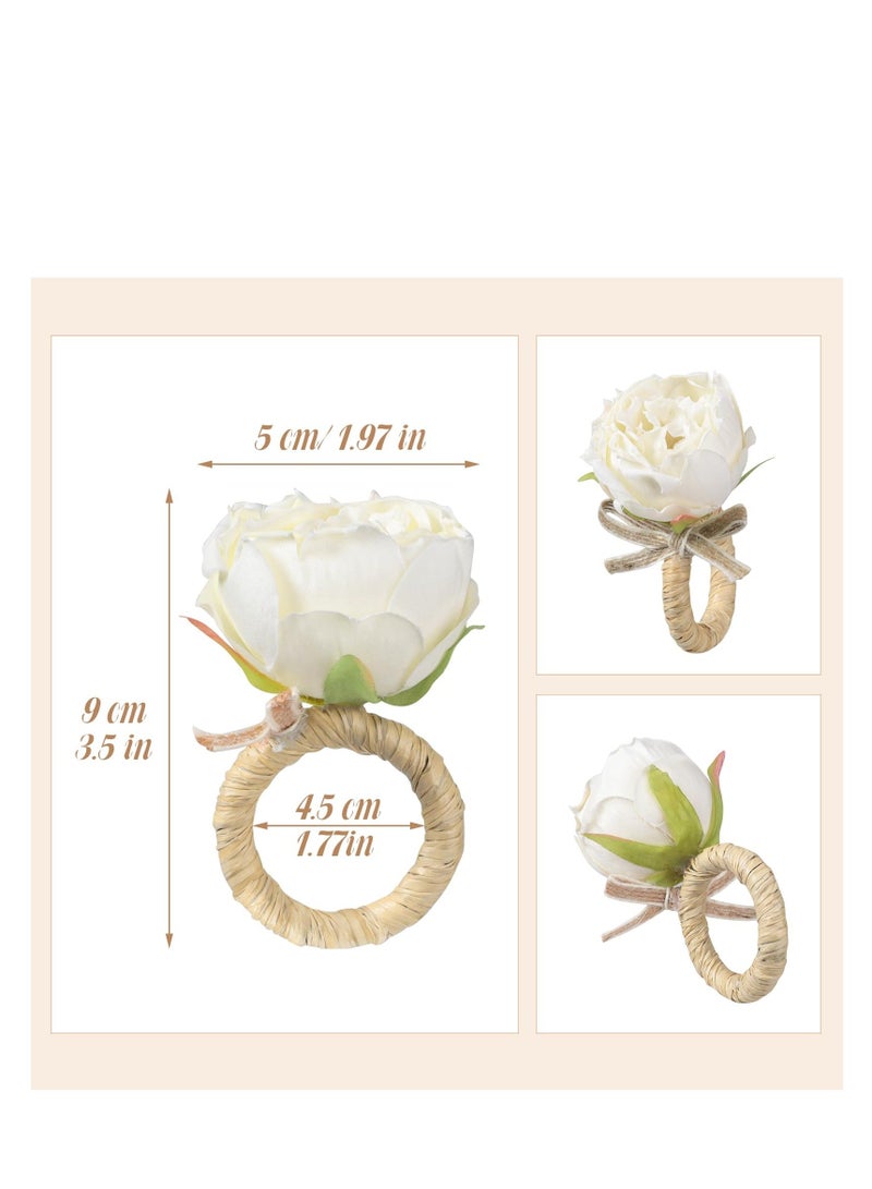 Napkin Rings, Set of 6 White Flower Napkin Holders Dinner Tables Rings, Made of Fabric Flowers and Hemp Rope Construction for Wedding, Party, Christmas, Holiday, Thanksgiving, Cream White Rose - Image 3