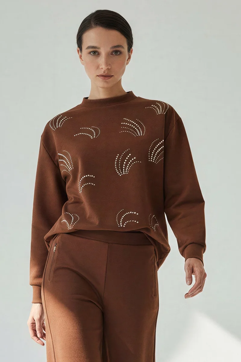Exquise Patterned Stone Embellished Regular Long Sleeve Sweatshirt