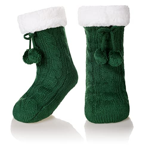 SeeyAN Kids Slipper Socks Boys Girls Fuzzy Non Slip Winter Fleece Lined Warm Cozy Christmas Thick Fluffy Socks (Green, 5-8 Years) - Image 1
