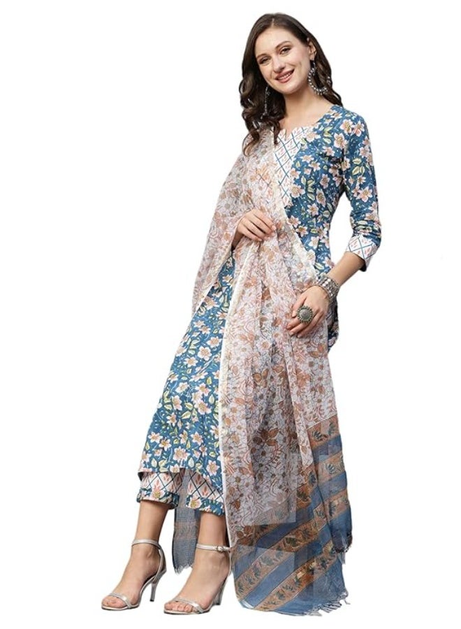 ANNI DESIGNER Women's Cotton Blend Straight Printed Kurta Set With Dupatta - Image 1