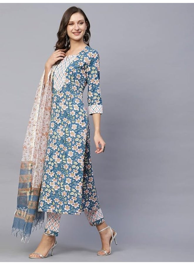 ANNI DESIGNER Women's Cotton Blend Straight Printed Kurta Set With Dupatta - Image 4