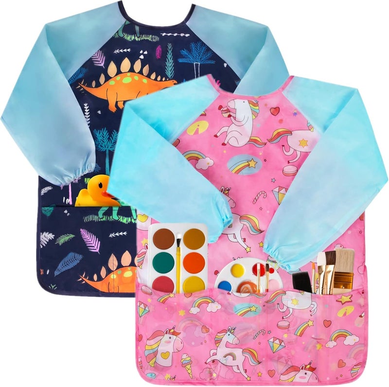 Bassion 2 Pack Kids Art Smock, Toddlers Painting Aprons Colorful Waterproof Artist Smock with Long Sleeve 3 Roomy Pockets - Image 1