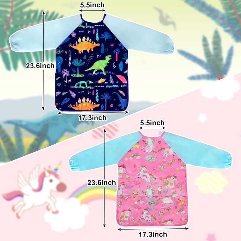 Bassion 2 Pack Kids Art Smock, Toddlers Painting Aprons Colorful Waterproof Artist Smock with Long Sleeve 3 Roomy Pockets - Image 4