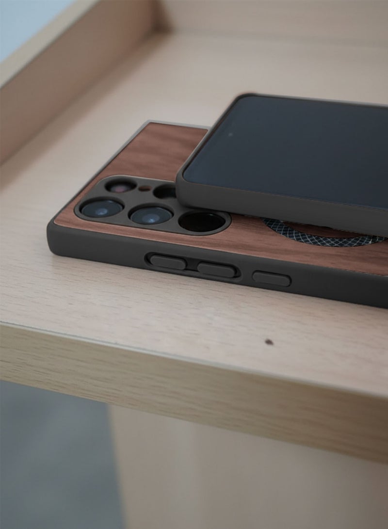 Wtech Samsung Galaxy S22 Ultra 5G 2022 Wood Texture Strong Magnetic Case Plus Shell Shockproof Magsafe Hard PC Rear Case Cover (MCMPMN) - Walnut Wood - Image 2