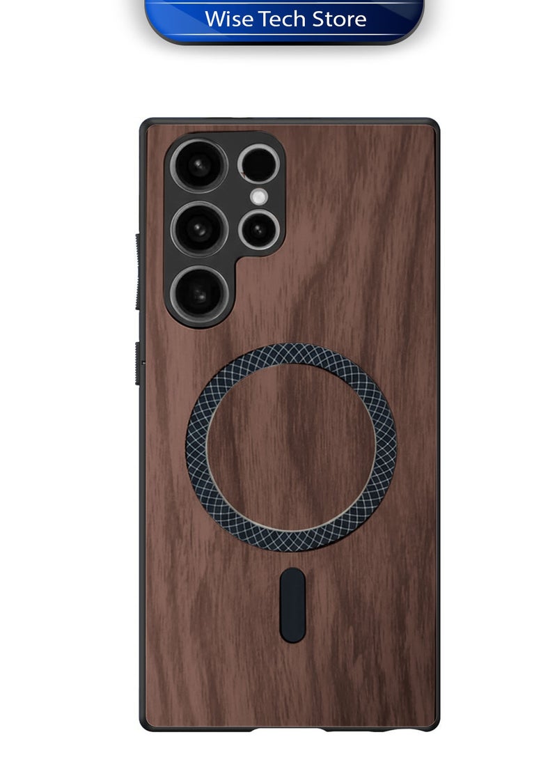 Wtech Samsung Galaxy S22 Ultra 5G 2022 Wood Texture Strong Magnetic Case Plus Shell Shockproof Magsafe Hard PC Rear Case Cover (MCMPMN) - Walnut Wood - Image 4